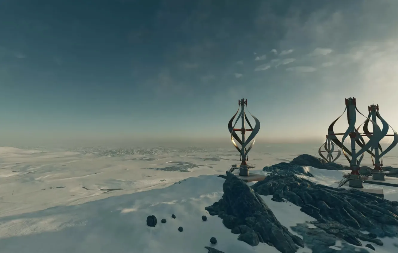 Photo wallpaper cold, ice, the sky, snow, desert, planet, windmills, Starfield