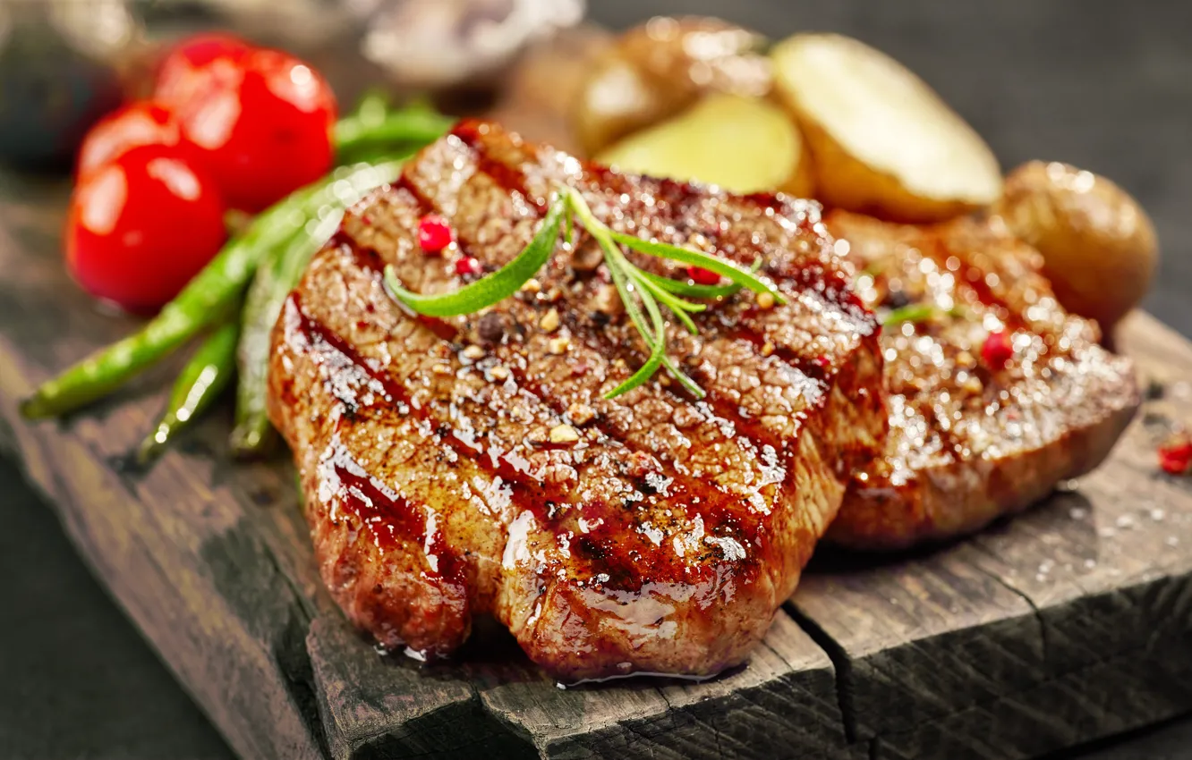 Photo wallpaper greens, tomatoes, piece, steak