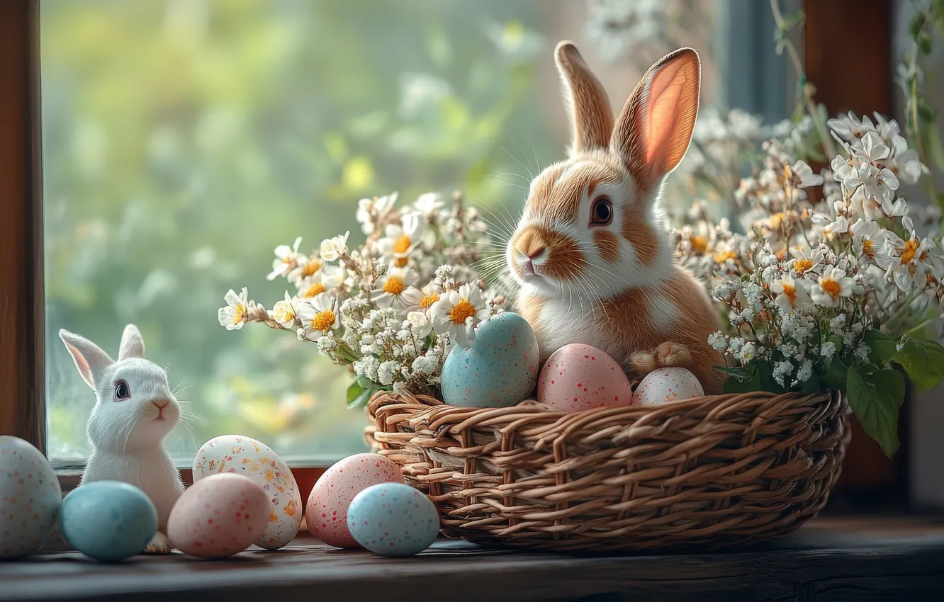 Photo wallpaper flowers, hare, chamomile, eggs, bouquet, spring, rabbit, window