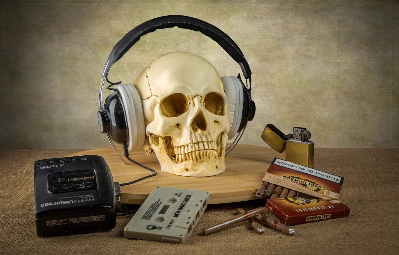 Photo wallpaper music, skull, headphones, walkman
