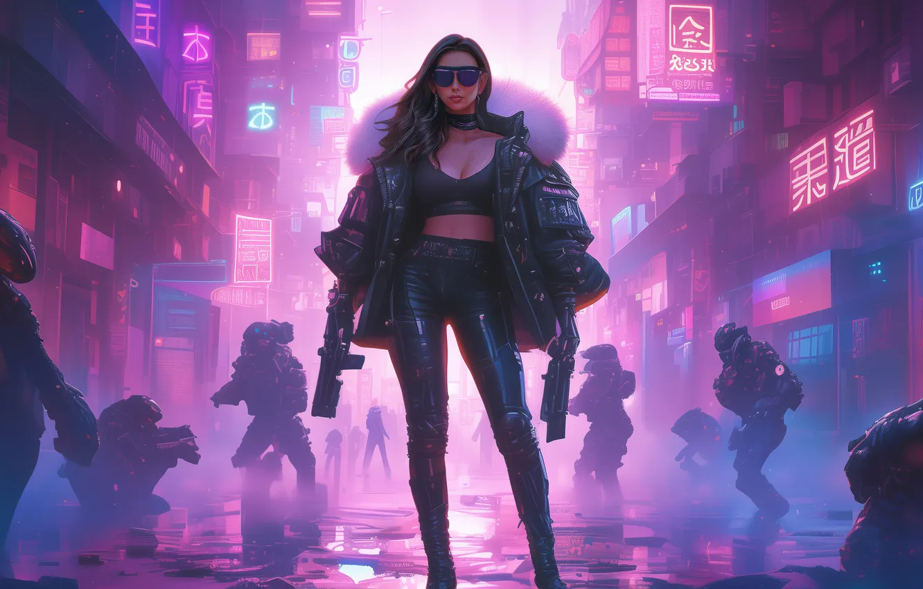 Photo wallpaper city, gun, weapon, Neon, women, Cyberpunk, AI Art