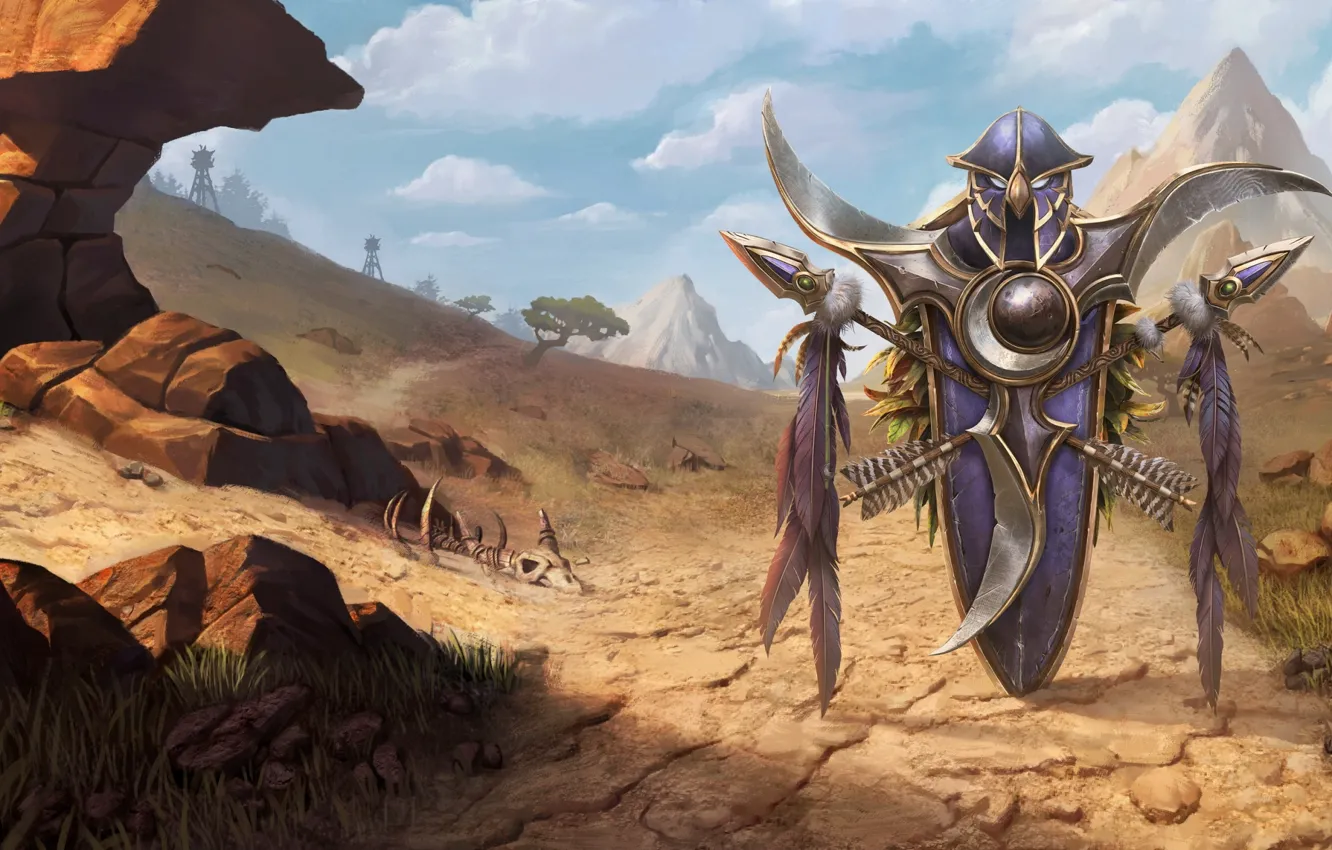 Photo wallpaper World of Warcraft, game, desert, mountains, weapons, digital art, artwork, shield