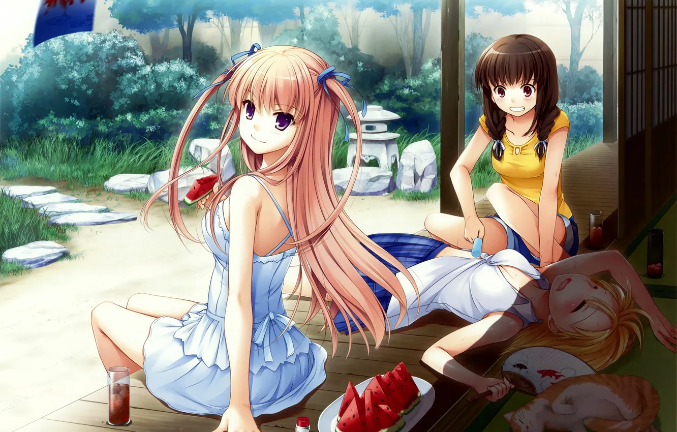 Photo wallpaper summer, look, girl, joy, watermelon, art, embarrassment, nakajima yuka