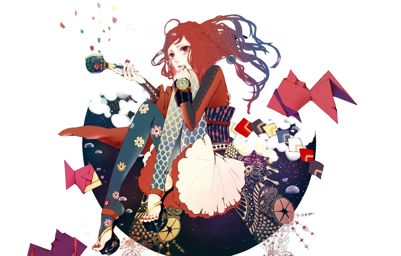 Photo wallpaper girl, fish, watch, braid, origami