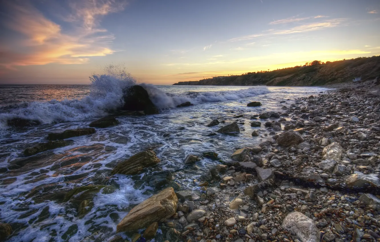 Photo wallpaper sea, sunset, stones, shore, coast, surf