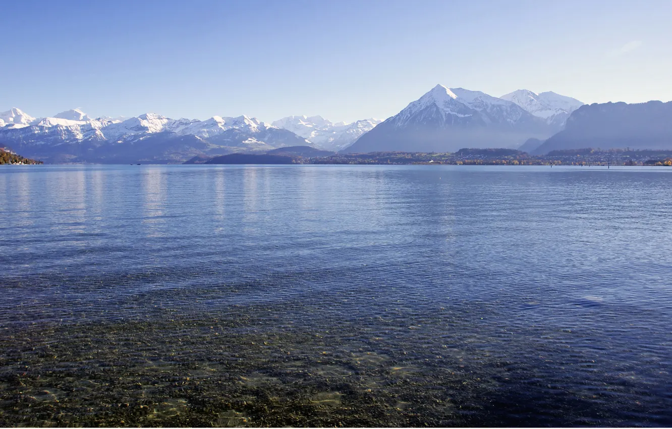 Photo wallpaper mountains, lake, stones, stranded
