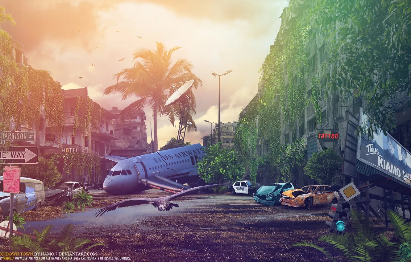 Photo wallpaper the sun, sunset, the city, the crash, the plane, Town by namo, Welcome to Down