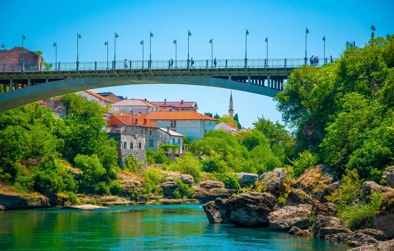 Photo wallpaper greens, the sky, the sun, trees, bridge, nature, river, stones