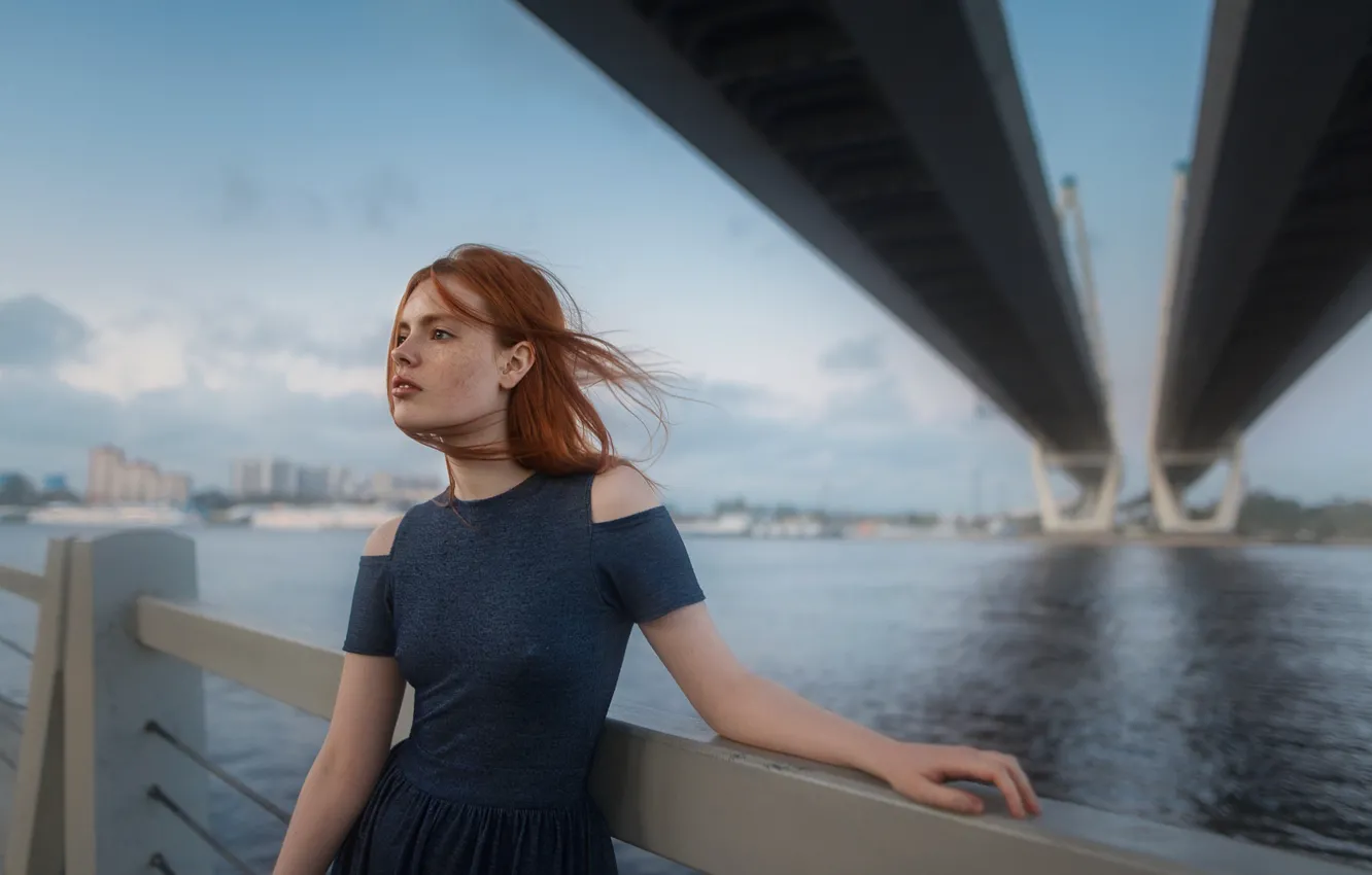 Photo wallpaper chest, look, girl, bridge, face, model, skirt, portrait