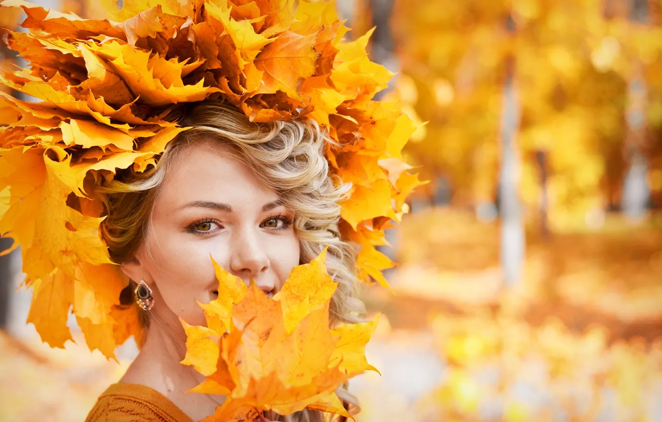 Photo wallpaper autumn, foliage, Girl