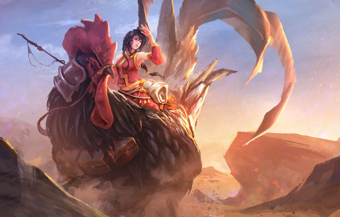 Photo wallpaper girl, chicken, cock