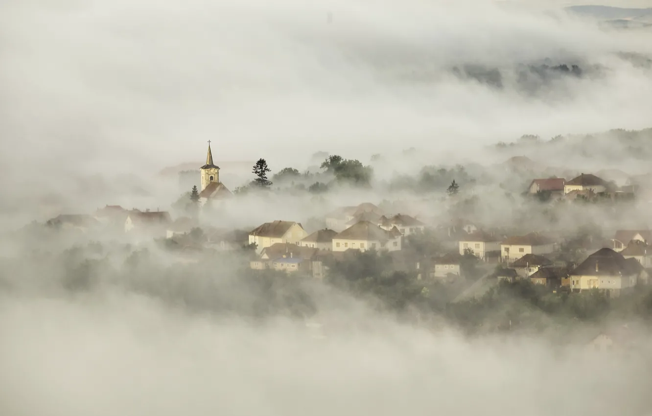 Photo wallpaper fog, morning, Church, town, the village