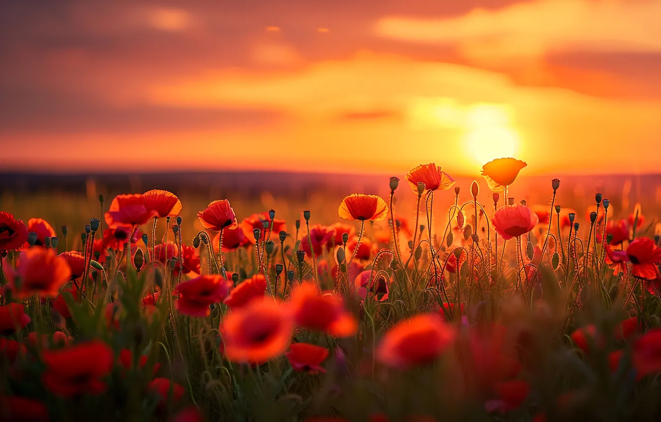 Photo wallpaper field, summer, the sky, the sun, clouds, light, sunset, flowers