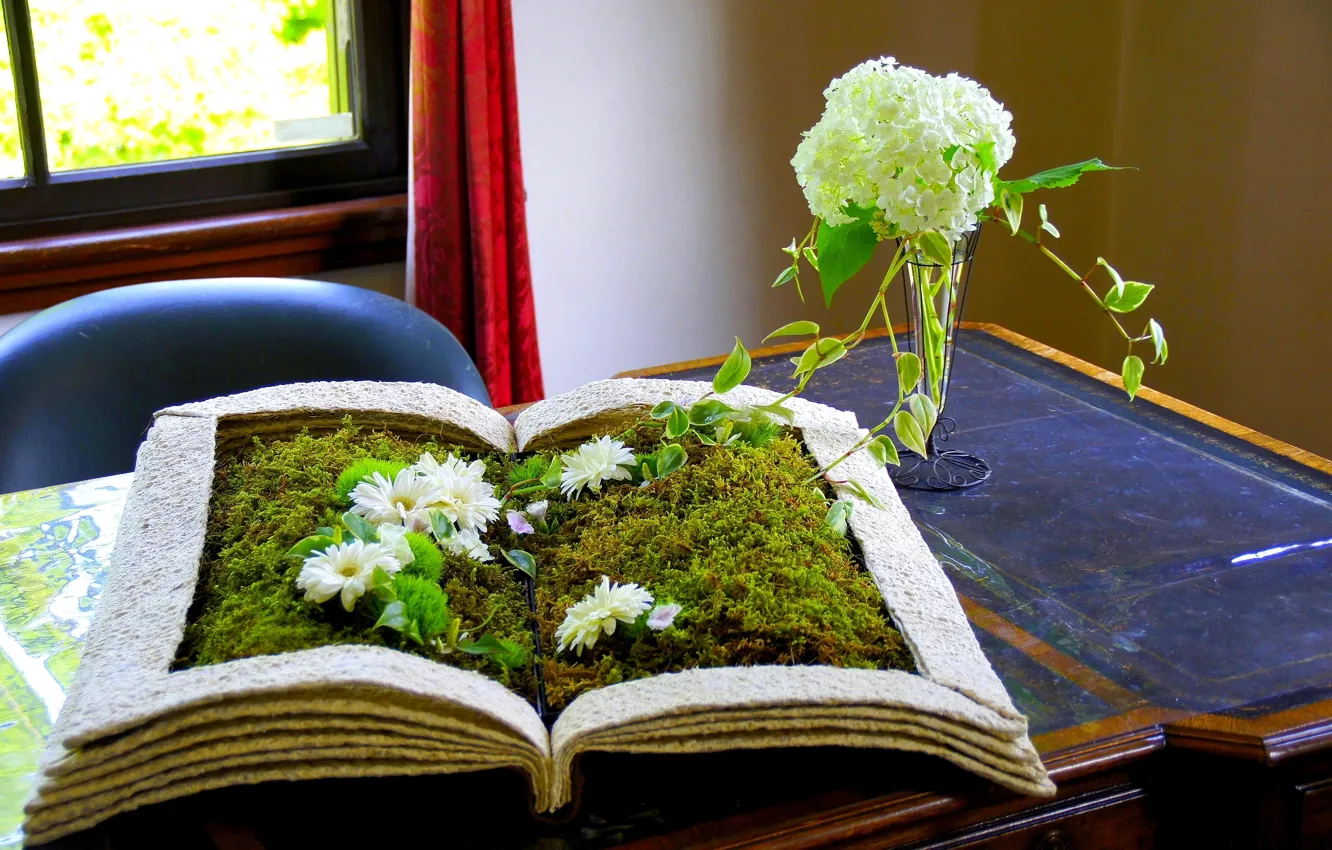 Photo wallpaper flower, grass, table, plants, Book