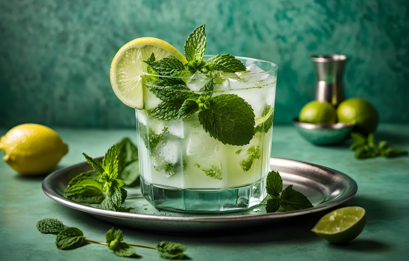 Photo wallpaper glass, lime, drink, mint, Mojito