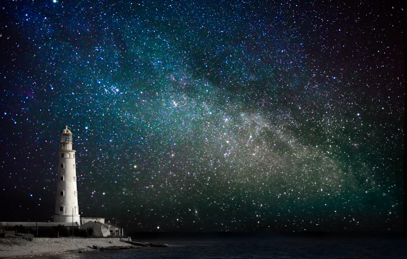 Photo wallpaper sea, the sky, stars, night, coast, lighthouse, the milky way