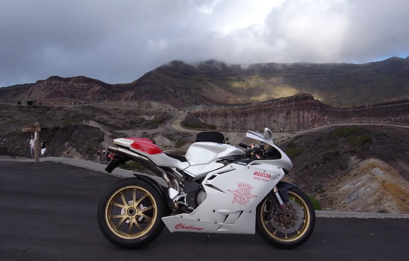 Photo wallpaper white, the sky, clouds, mountains, motorcycle, white, bike, MV Agusta