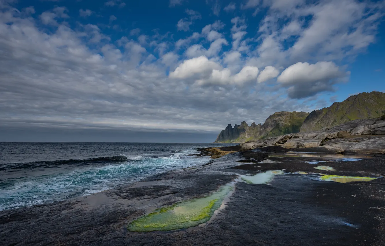 Photo wallpaper sea, clouds, mountains, Norway, Senja, roberie