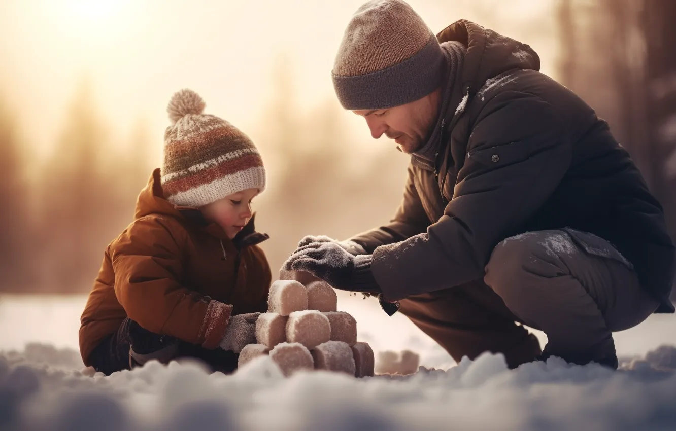 Photo wallpaper winter, snow, children, pose, holiday, the game, boy, baby