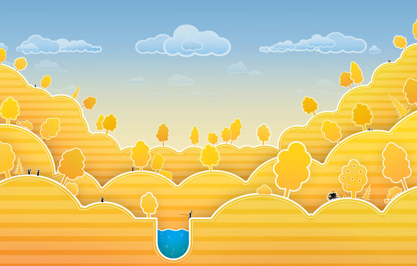 Photo wallpaper autumn, clouds, trees, lake, hills, apples, tree, hare