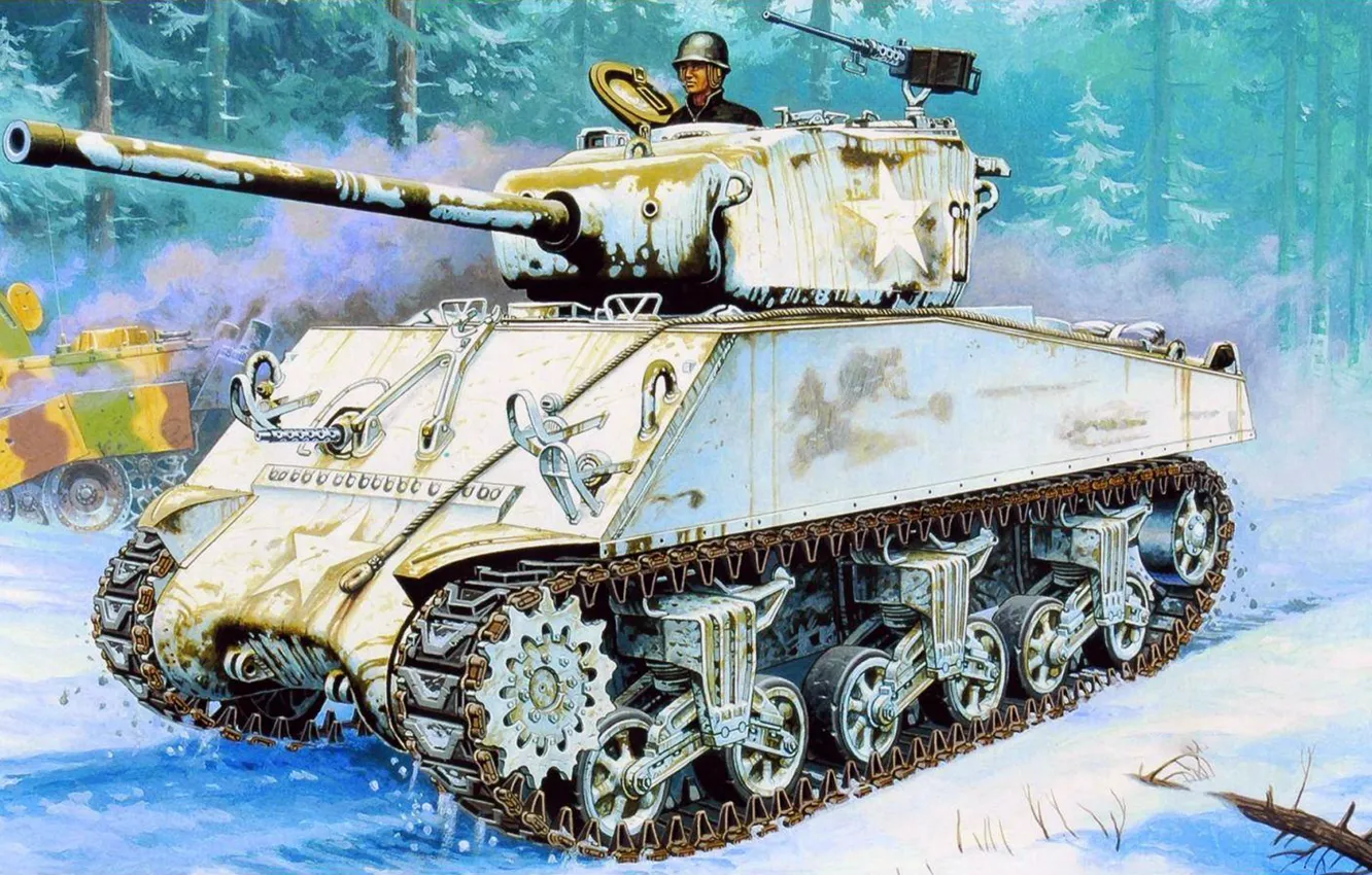 Photo wallpaper winter, war, figure, art, Sherman, 76 mm, M4A3