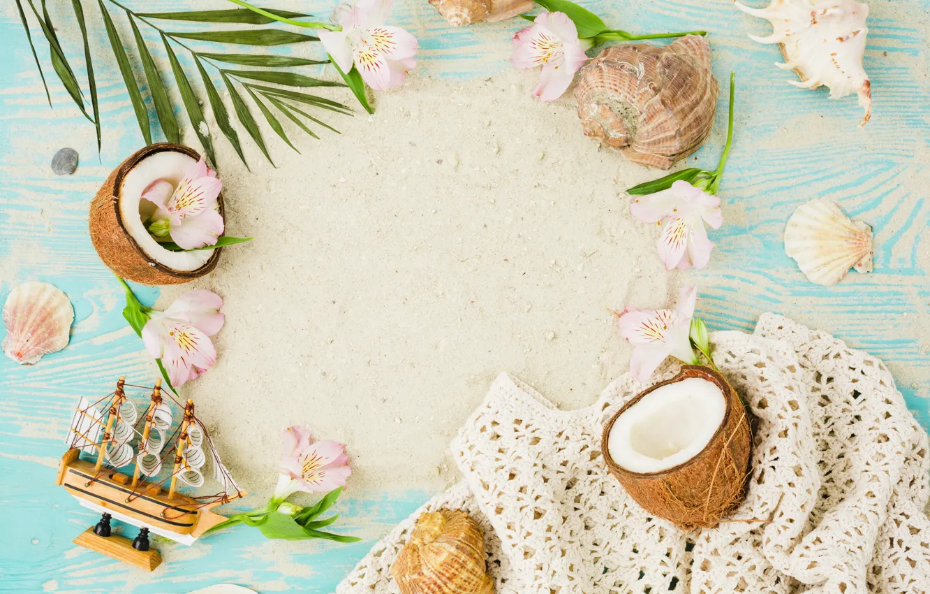 Photo wallpaper sand, summer, coconut, shell, summer, beach, flowers, sand