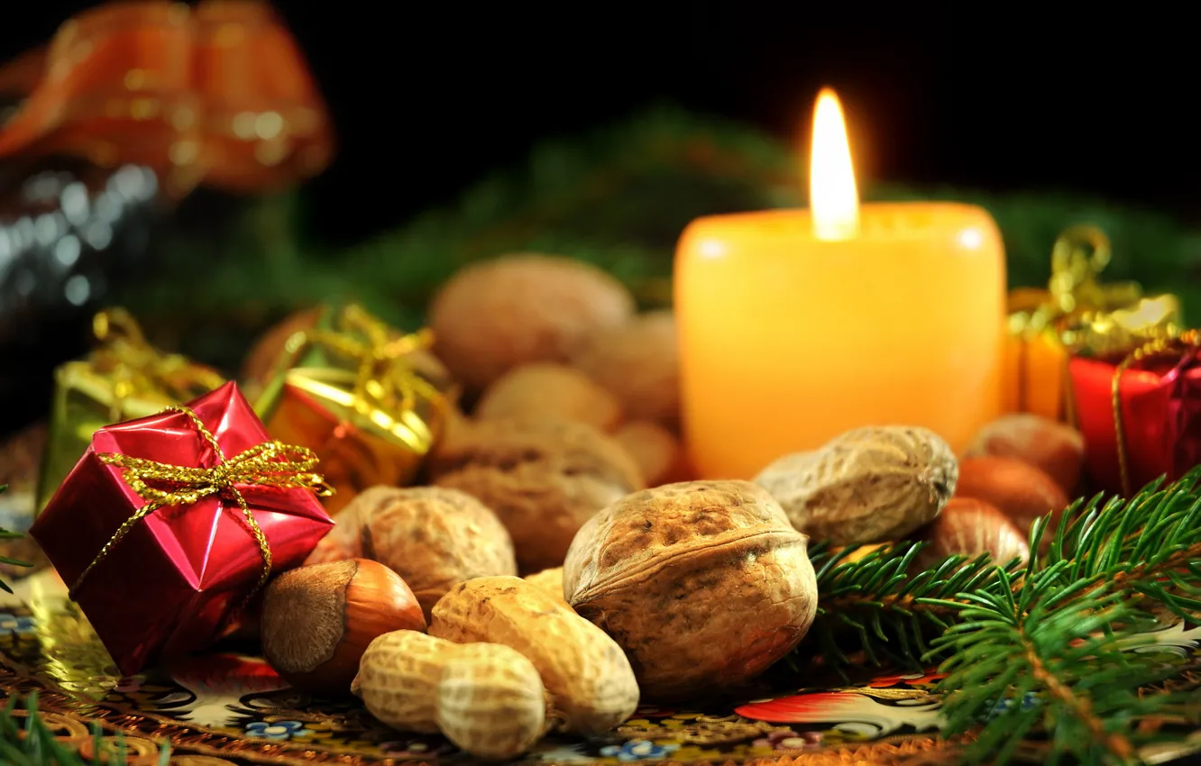 Photo wallpaper decoration, flame, focus, candles, nuts, needles