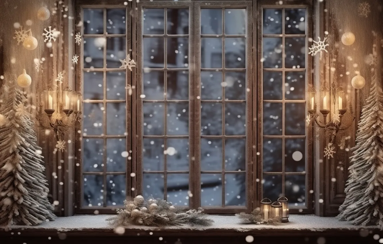 Photo wallpaper winter, snow, decoration, balls, tree, New Year, window, Christmas