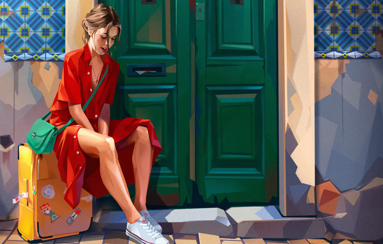 Photo wallpaper tile, vacation, the door, vacation, the girl in the red dress, tiles, Doors, white sneakers