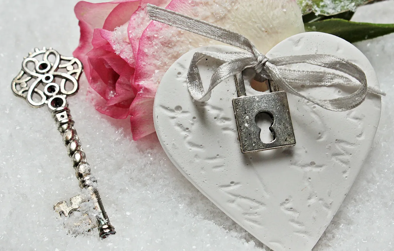 Photo wallpaper love, rose, heart, winter, snow, key, romantic, lock