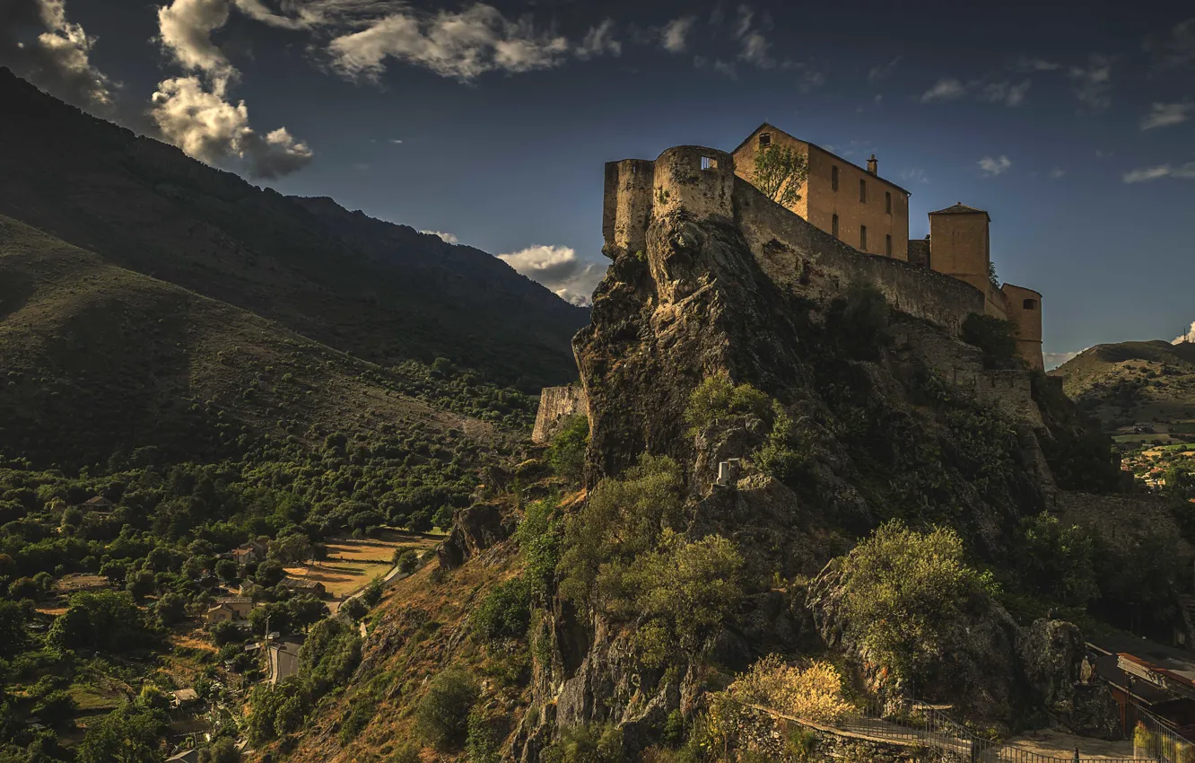 Photo wallpaper road, the sky, clouds, mountains, castle, valley, village
