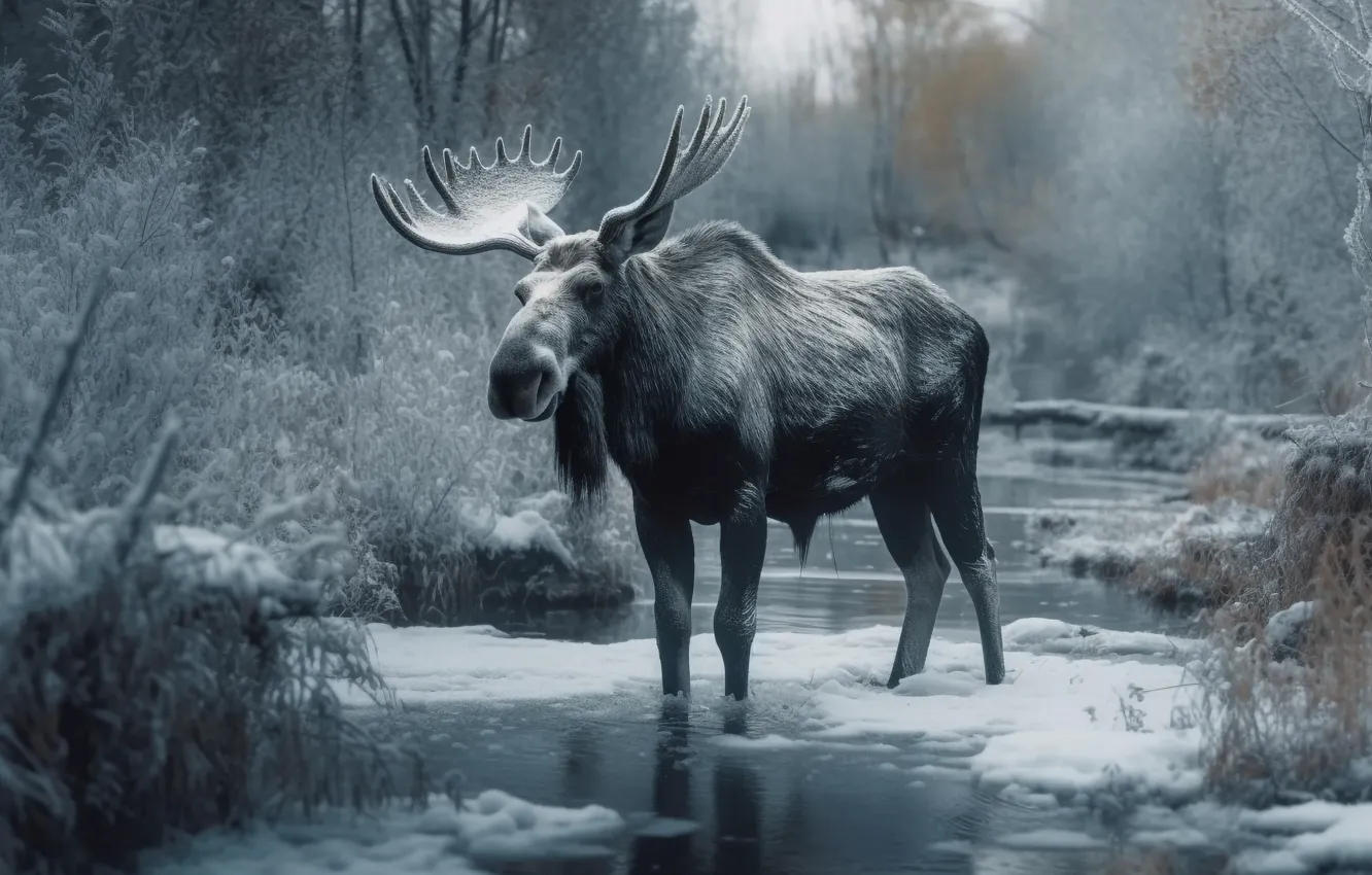 Photo wallpaper winter, forest, snow, nature, moose, AI art, The Art of Artificial Intelligence, neural network