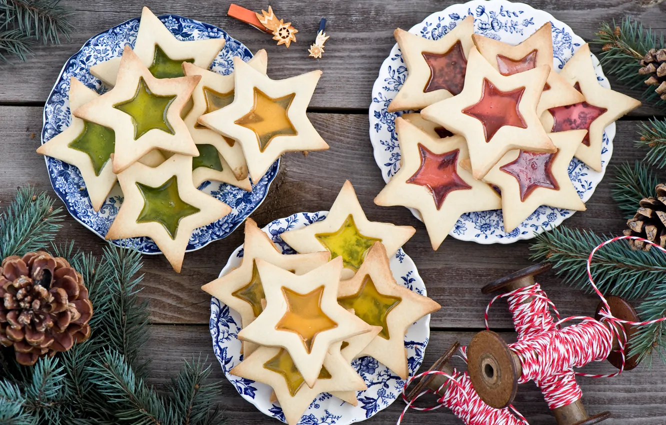 Photo wallpaper winter, stars, branches, food, spruce, cookies, sweets, plates