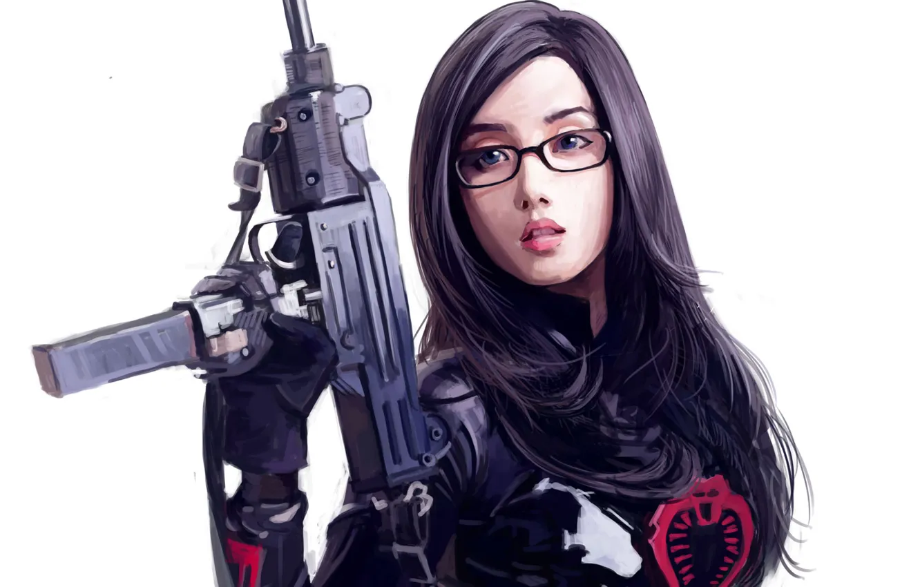 Photo wallpaper girl, weapons, art, glasses, white background, Asian, Dtoxin