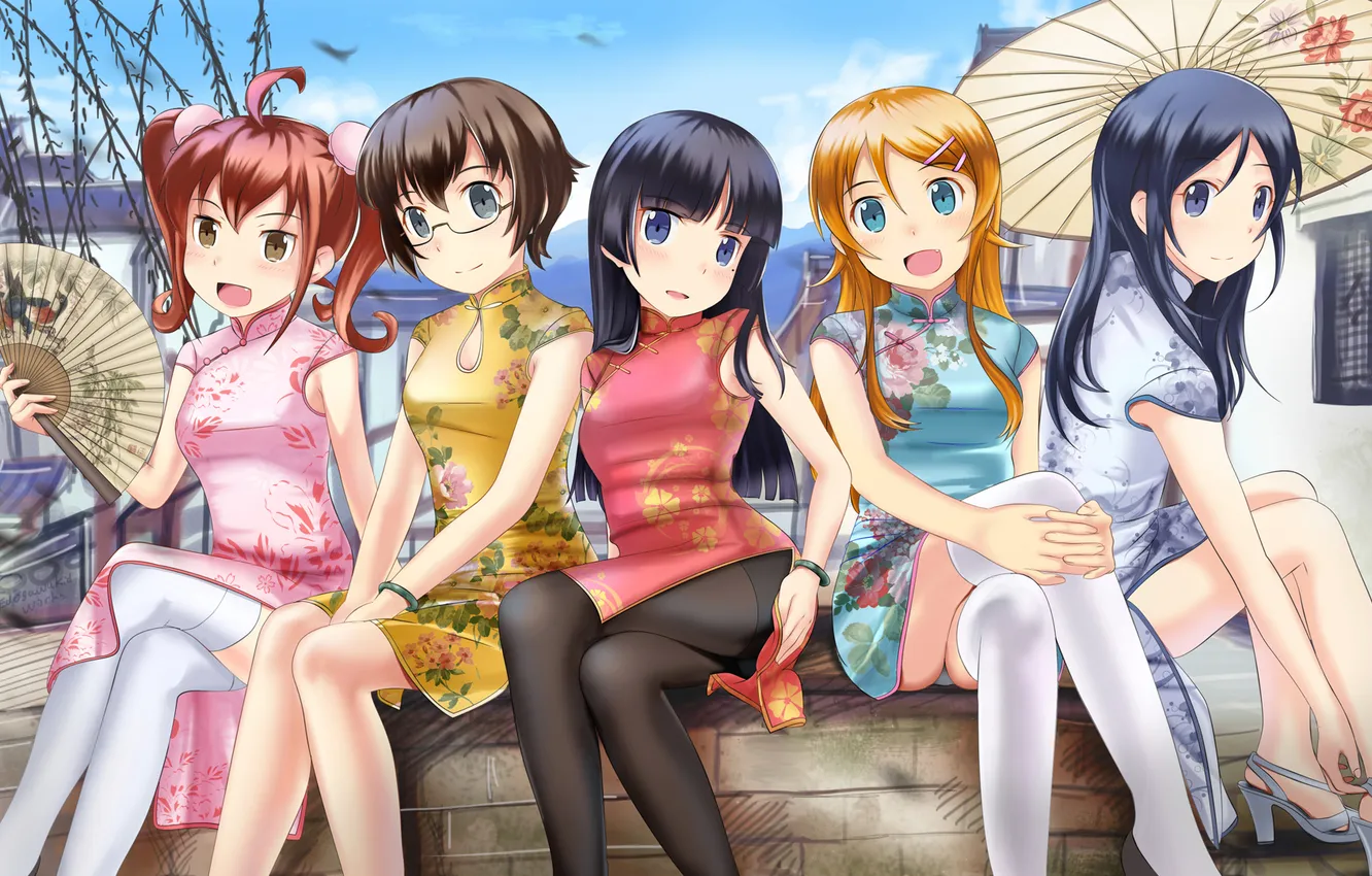 Photo wallpaper girls, stockings, umbrella, fan, art, glasses, kimono, sitting