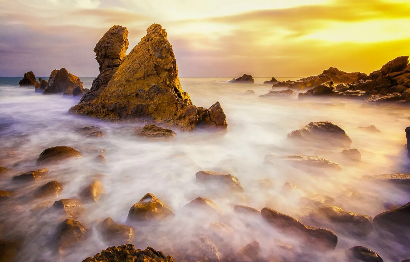 Photo wallpaper beach, stones, the ocean, rocks, dawn, California, USА, Corona del Mar