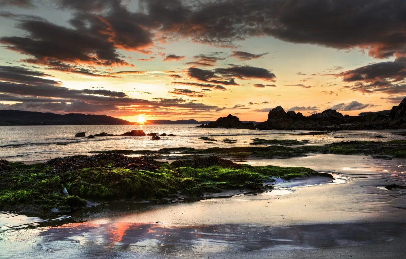 Photo wallpaper sea, landscape, sunset, rocks