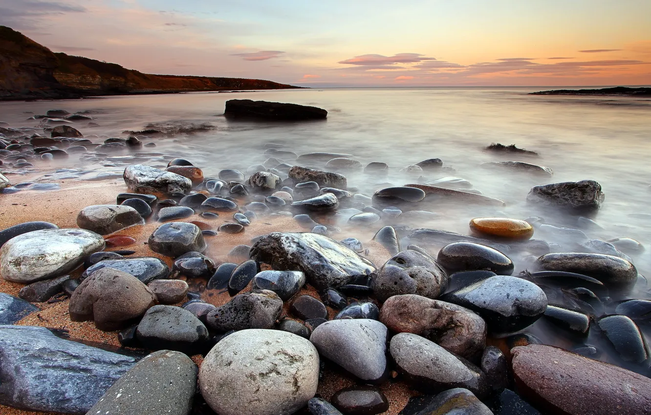 Photo wallpaper sea, landscape, sunset, stones, shore