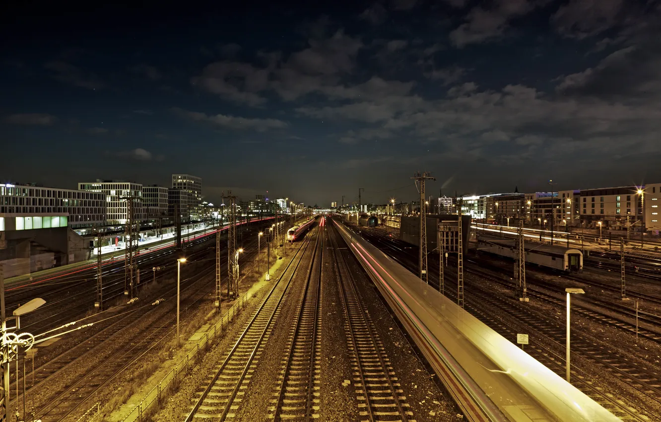 Photo wallpaper night, lights, train, station, railroad