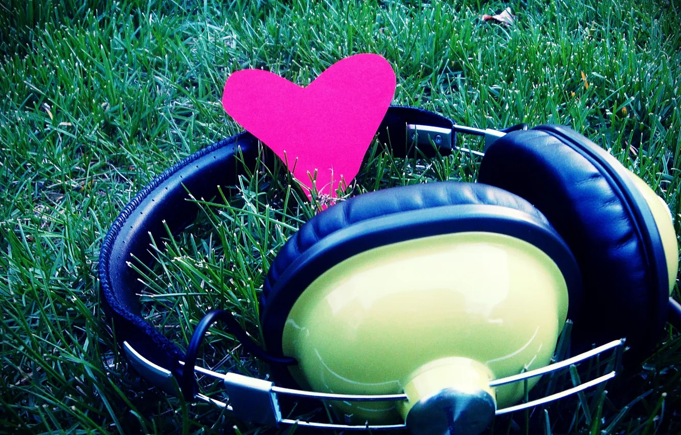 Photo wallpaper grass, macro, love, music, heart, headphones, love, Music