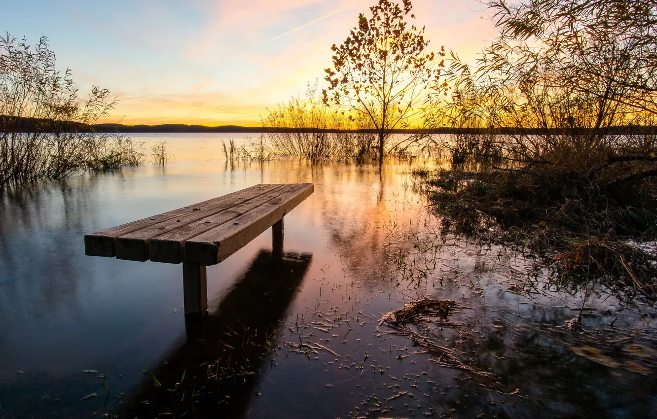 Photo wallpaper sunset, river, bench