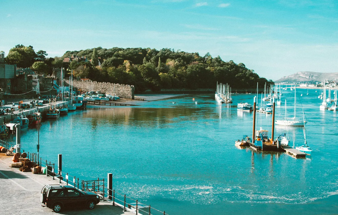 Photo wallpaper sea, the city, photo, Marina, ships, boats, UK, Wales