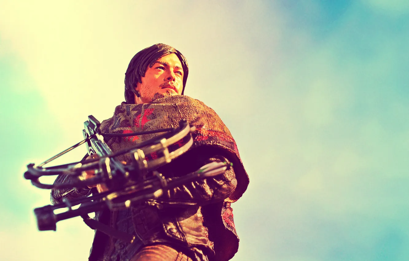 Photo wallpaper the sky, clouds, toys, crossbow, Norman Reedus, Daryl Dixon, The Walkind Dead
