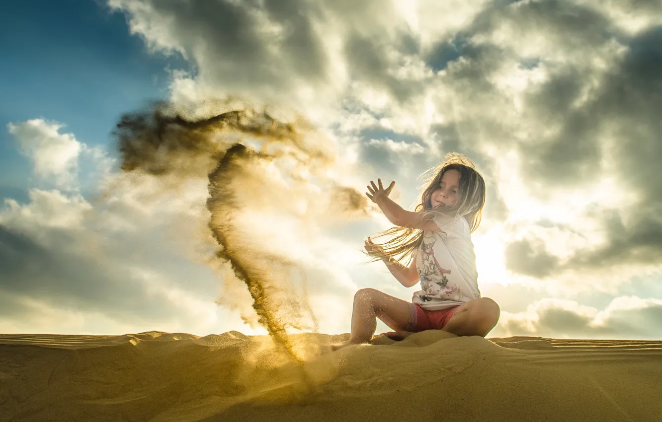 Photo wallpaper sand, clouds, mood, girl