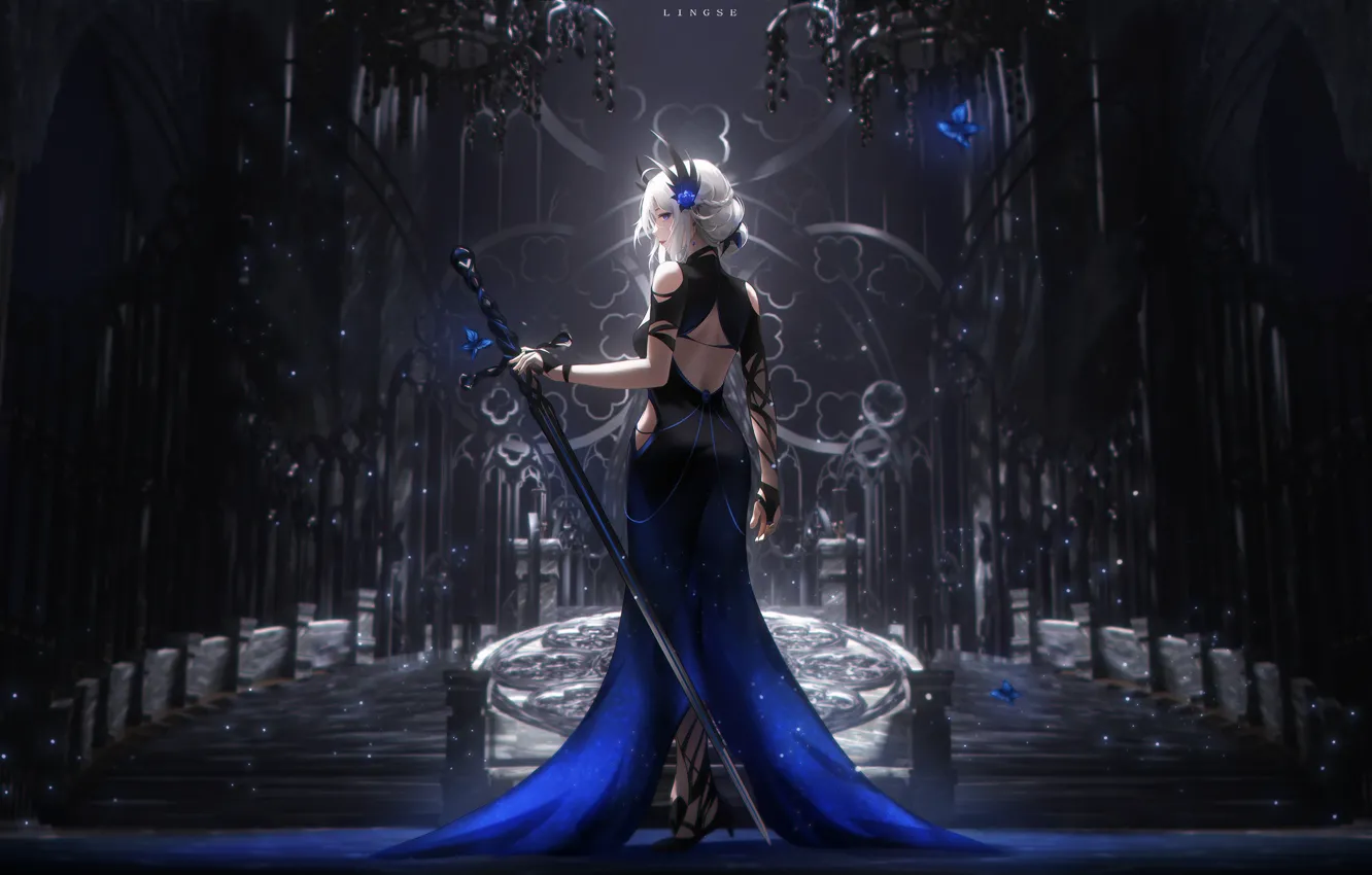 Photo wallpaper girl, butterfly, sword, fantasy