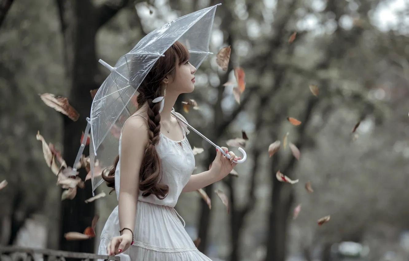 Photo wallpaper leaves, girl, umbrella