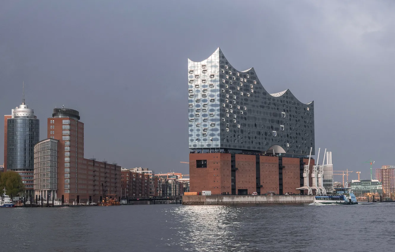 Photo wallpaper ship, home, crane, Germany, Hamburg, harbour, The Elbe Philharmonic hall