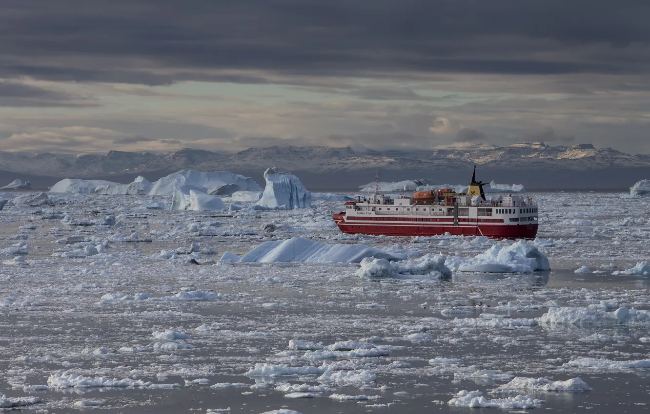 Photo wallpaper sea, mountains, ship, ice, ferry, icebergs, Greenland
