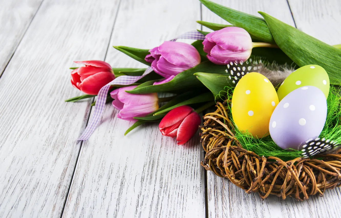 Photo wallpaper flowers, eggs, spring, colorful, Easter, tulips, wood, flowers