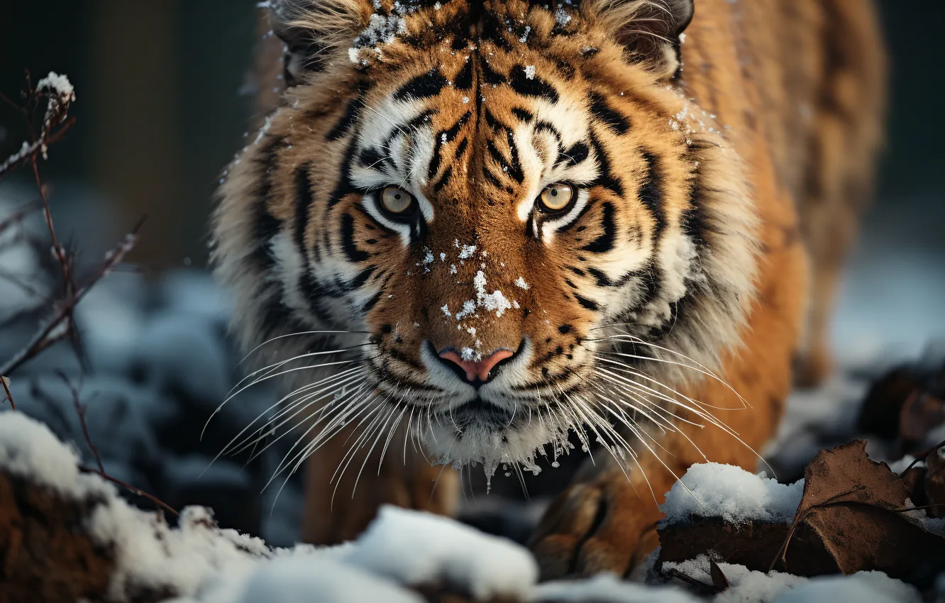 Photo wallpaper winter, look, face, snow, nature, tiger, portrait, AI art